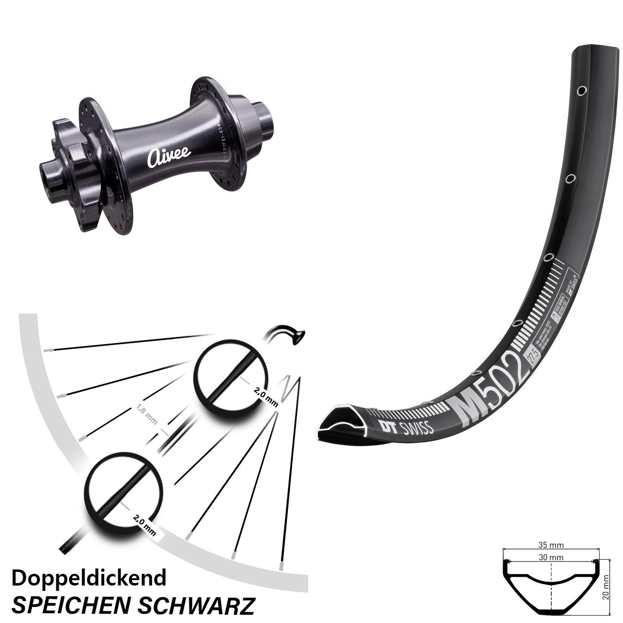 Vorderrad 29 Zoll DT Swiss M 502 mit Boost 6-Loch Nabe Aivee Classic 15x110 mm