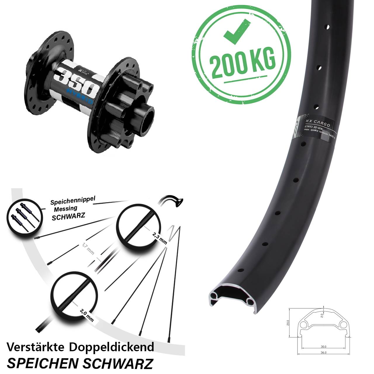 20 Zoll KX Cargo DT Swiss 350 Hybrid Vorderrad 6-Loch Lastenrad 15x110 Boost