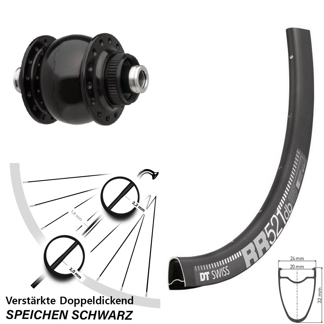 28 Zoll Vorderrad DT Swiss RR 521 SON delux Centerlock Nabendynamo 12x100