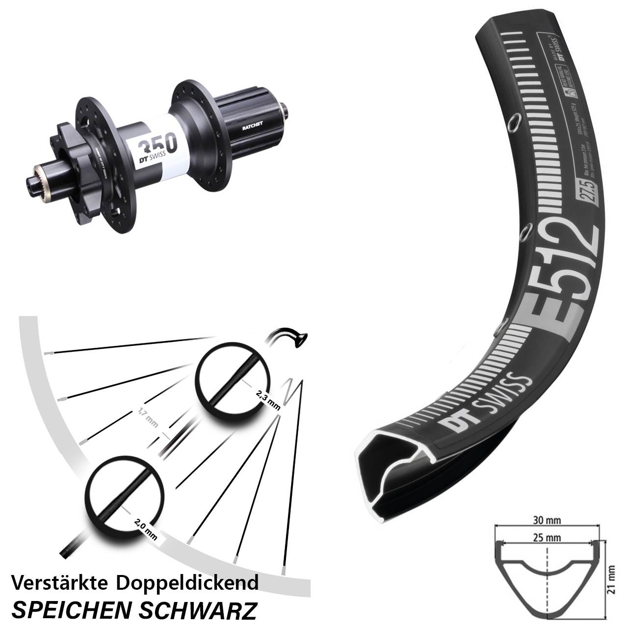 Hinterrad 6-Loch 27,5 Zoll DT Swiss E 512-350 8-11 fach HG QR Boost