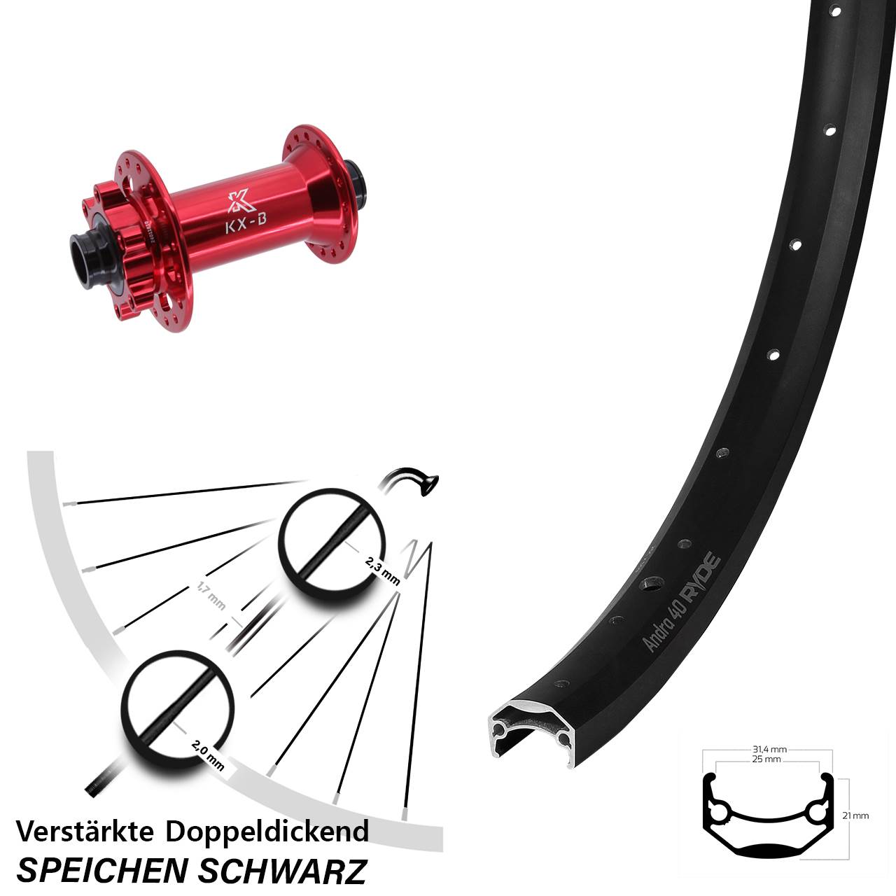Ryde Andra 40 Disc KX-B rot 29 Zoll Vorderrad 6-Loch 15x110 Boost