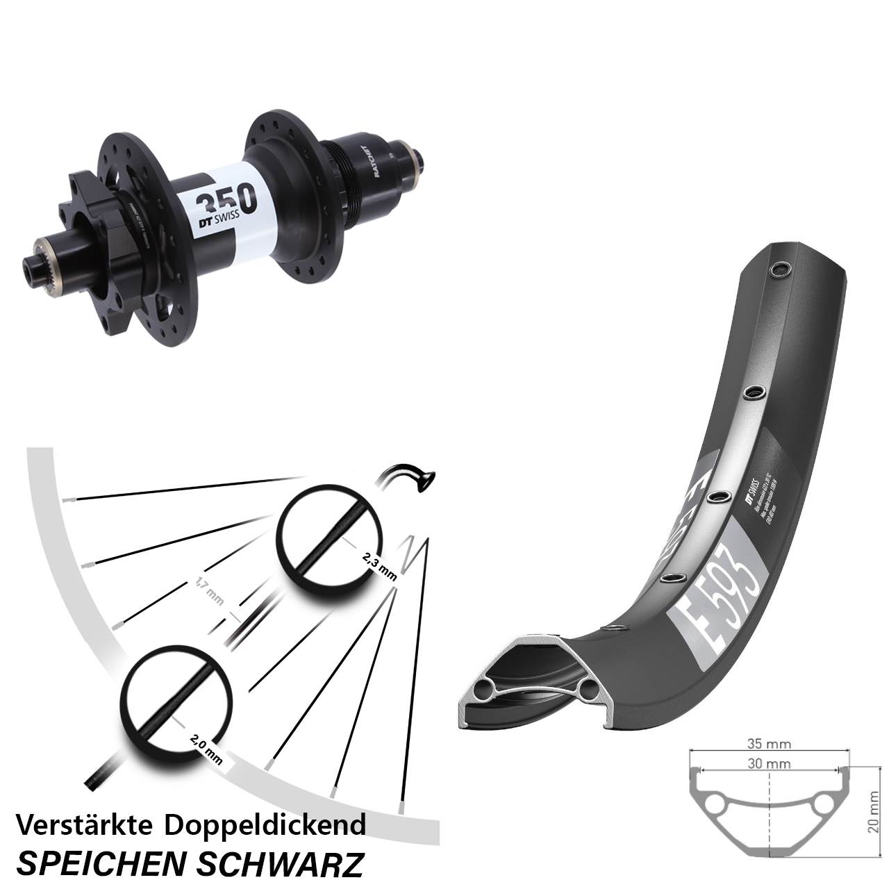 Hinterrad 6-Loch 27,5 Zoll DT Swiss E593 350 XD 11-12 fach für Schnellspanner Boost