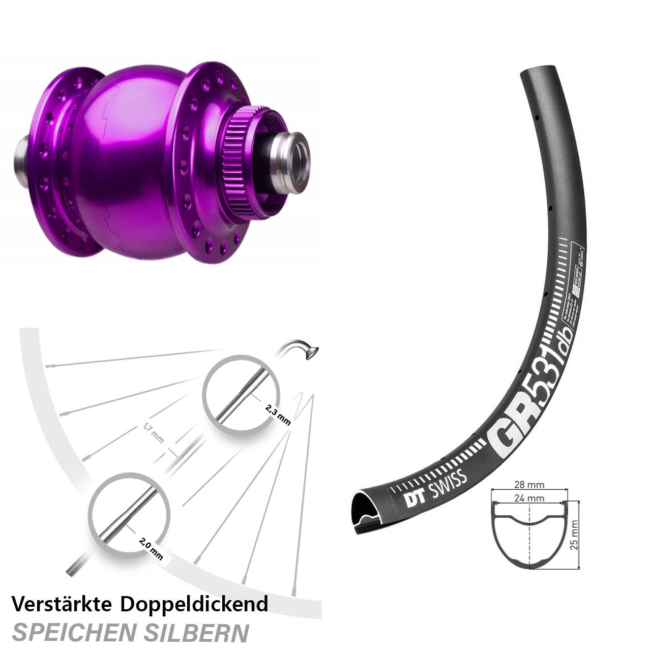 Disc Laufrad mit Nabendynamo 12x100 DT Swiss GR 531 SON 28 Zoll violett