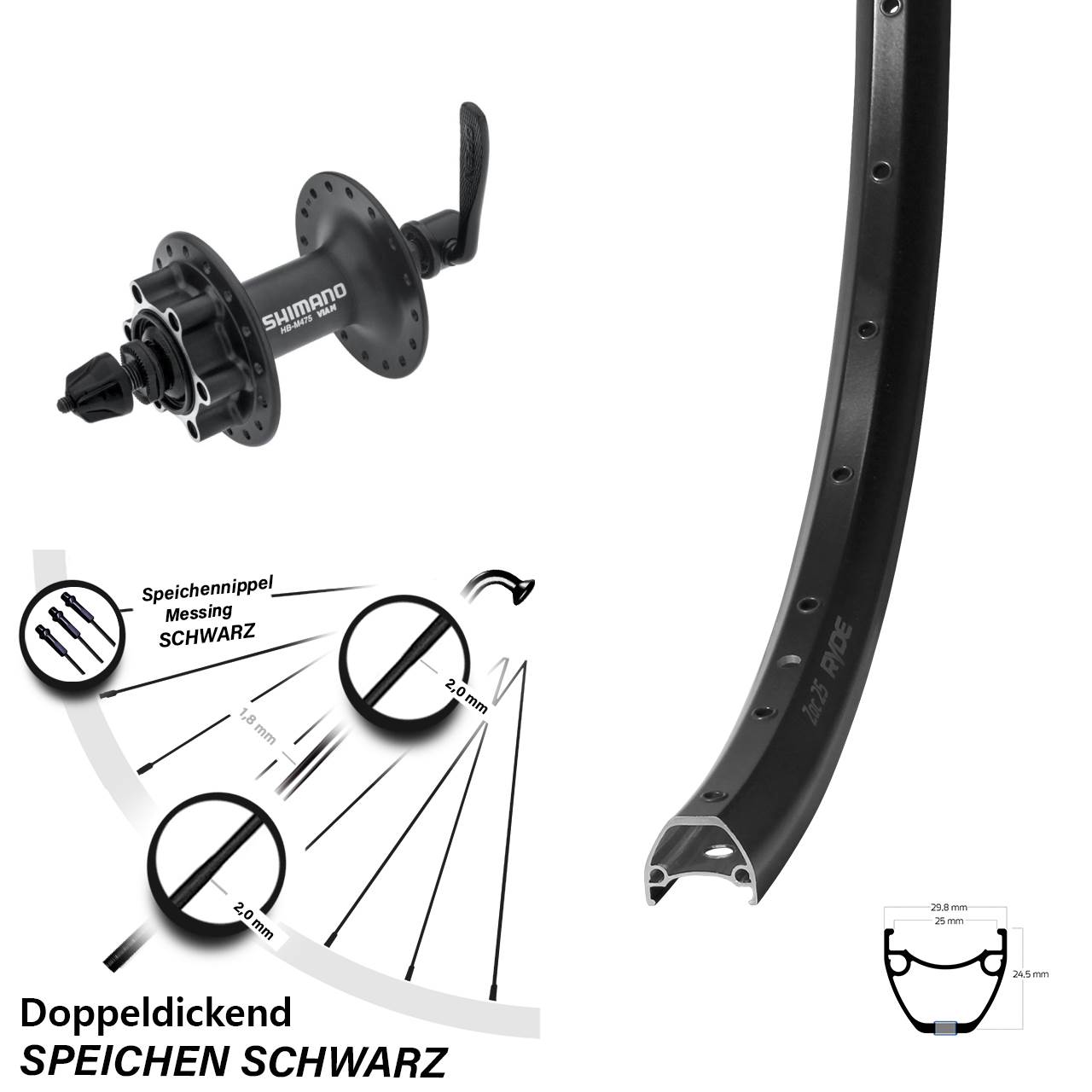 Vorderrad 6-Loch 28 Zoll Ryde ZAC 25 Shimano HB-M475 QR