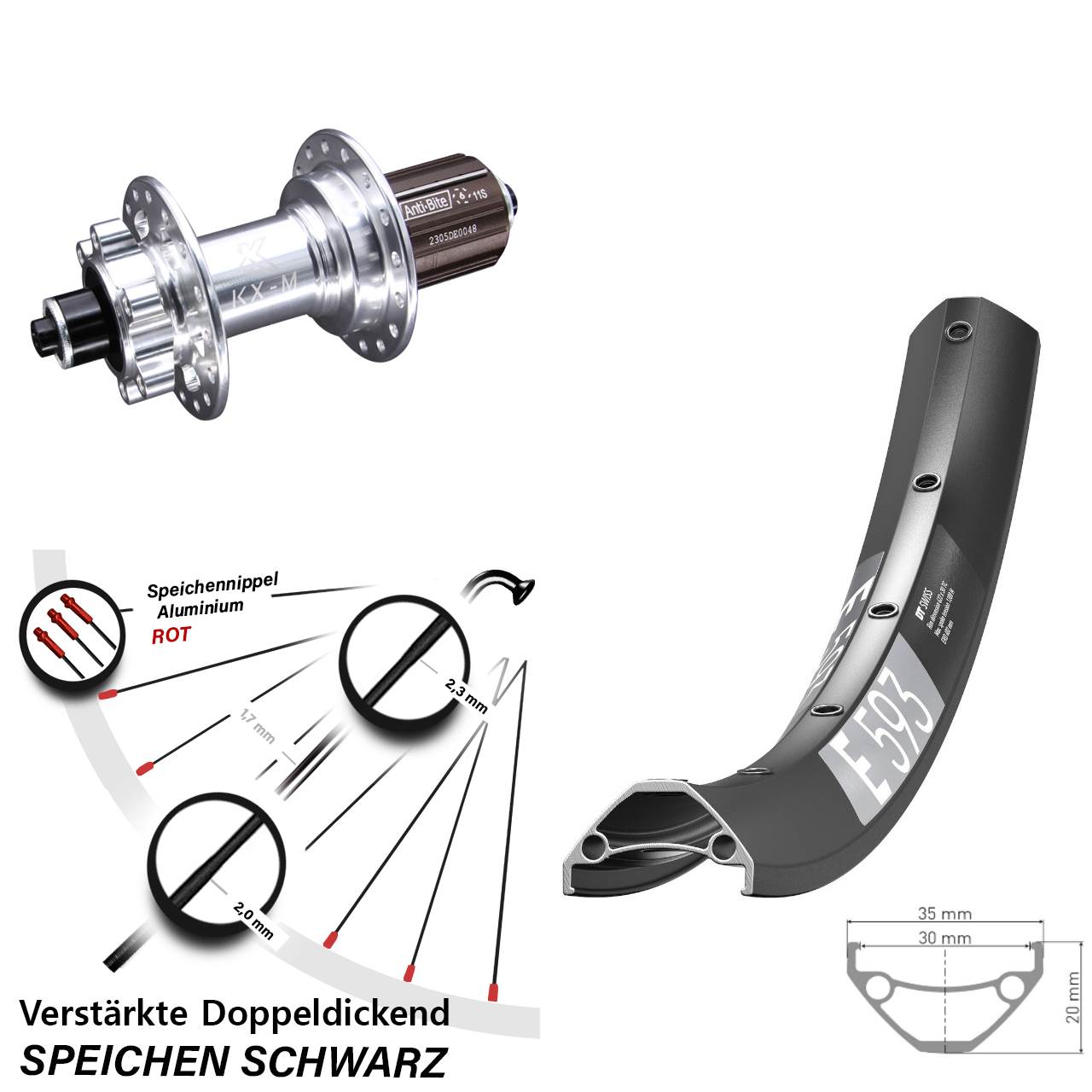 Hinterrad 6-Loch QR 650B DT Swiss E 593 KX-M 8-12 fach
