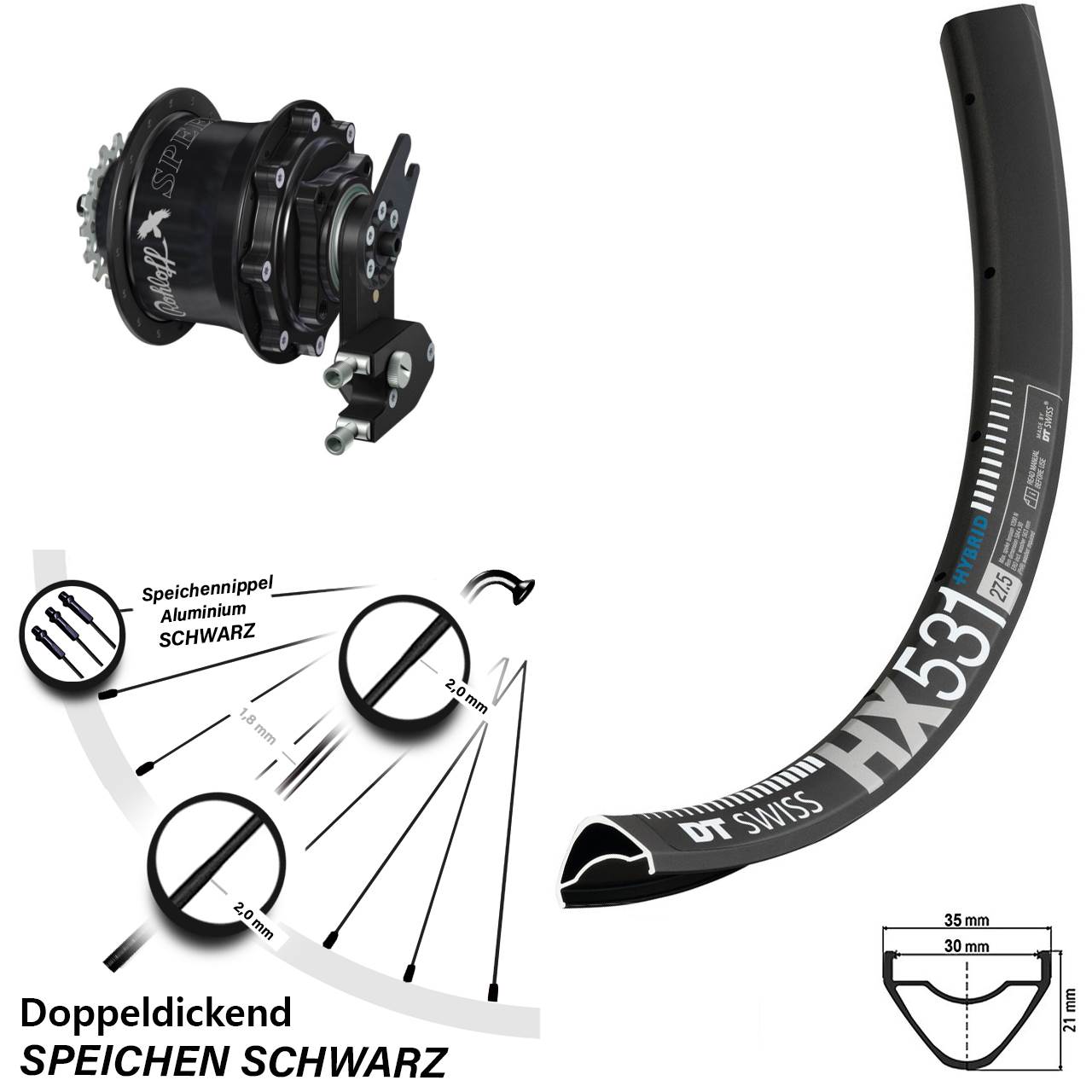 DT Swiss HX531 Rohloff CC DB OEM2 Tandem schwarz 29 Zoll Disc Hinterrrad