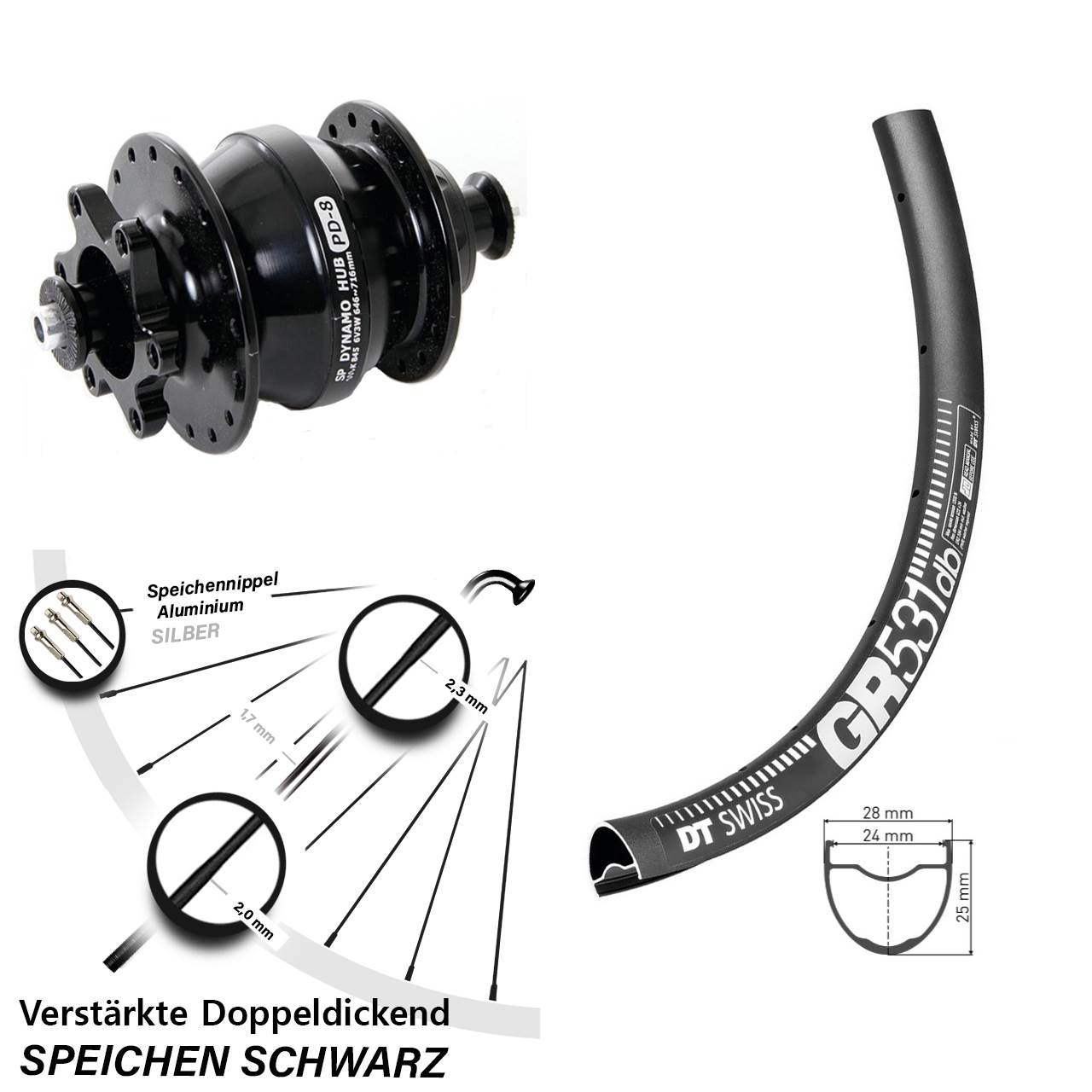 Disc Laufrad mit Nabendynamo 29 Zoll DT Swiss GR 531 Shutter Precision PD-8 QR