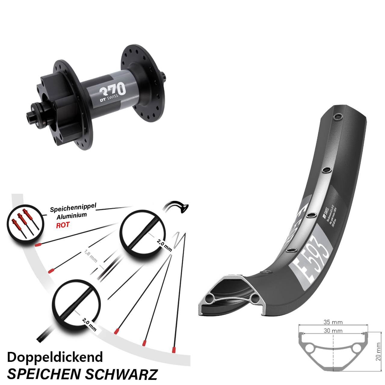 DT Swiss E 593-370 27,5 Zoll Vorderrad 6-Loch für Schnellspanner