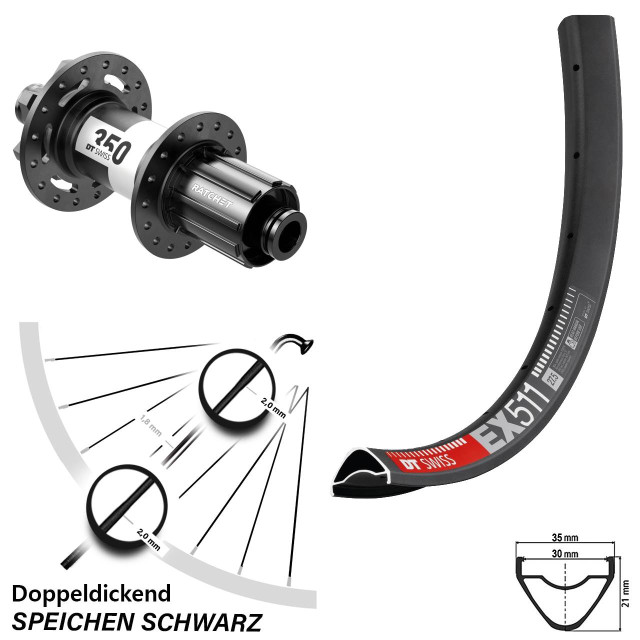 Hinterrad 6-Loch 29 Zoll DT Swiss EX 511 DT Swiss 350 8-11 fach 12x157