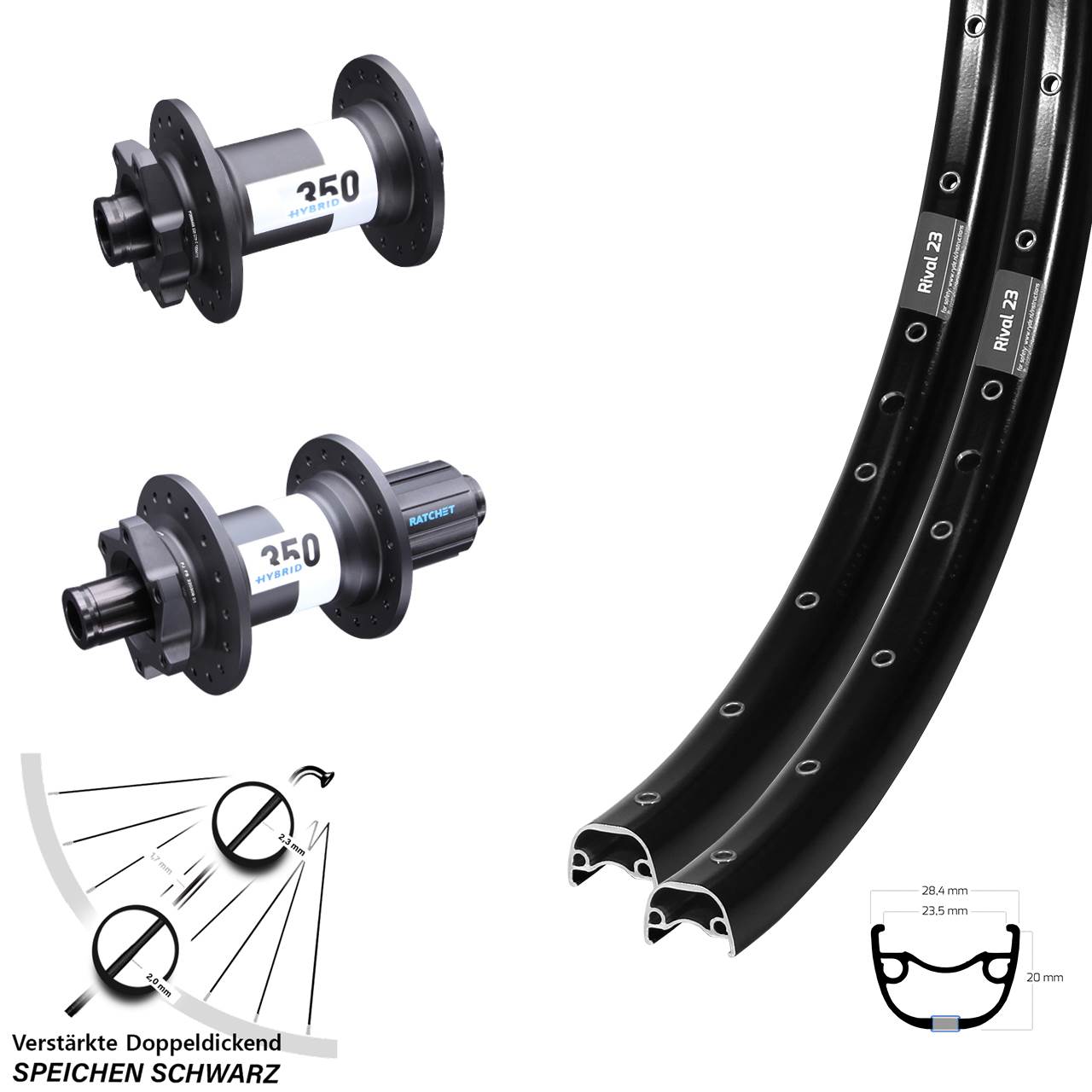 Ryde Rival 23 DT Swiss 350 Hybrid 650B Disc Laufrad-Satz 15x110 12x148 8-11 fach