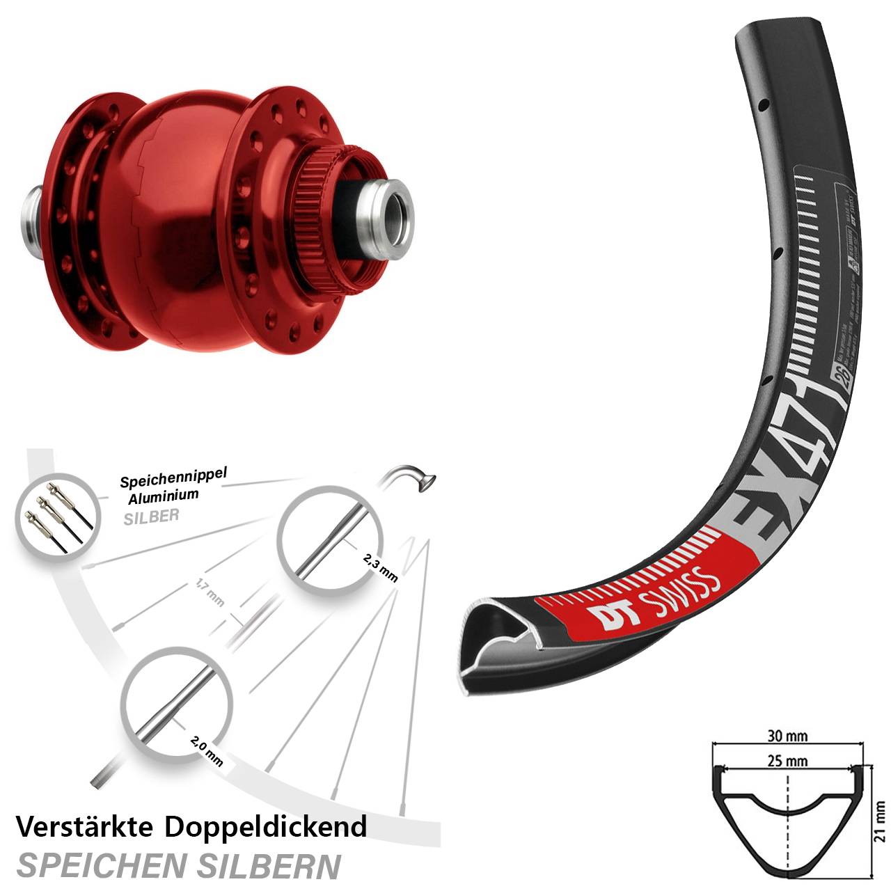 29 Zoll DT Swiss EX 471 SON 28 rot Dynamo-Vorderrad Centerlock 12x100