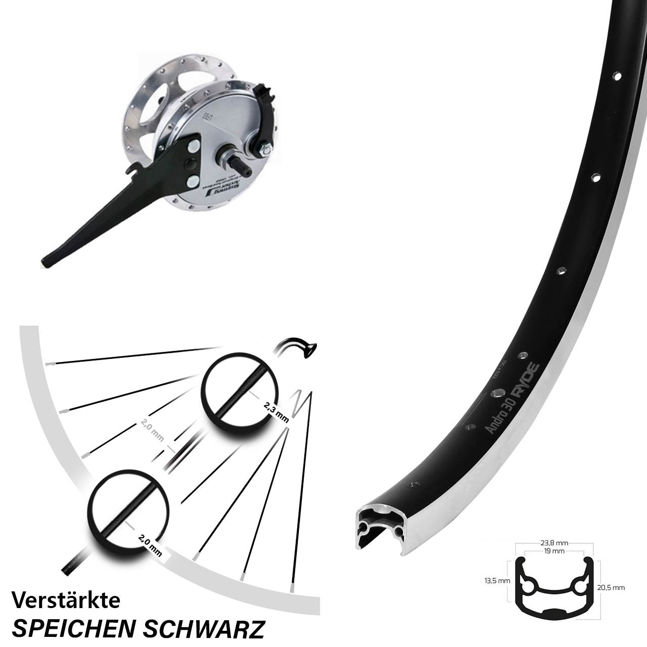 Laufrad 26 Zoll Ryde Andra 30 Sturmey Archer XL-FDAM Vollachse Trommelbremse