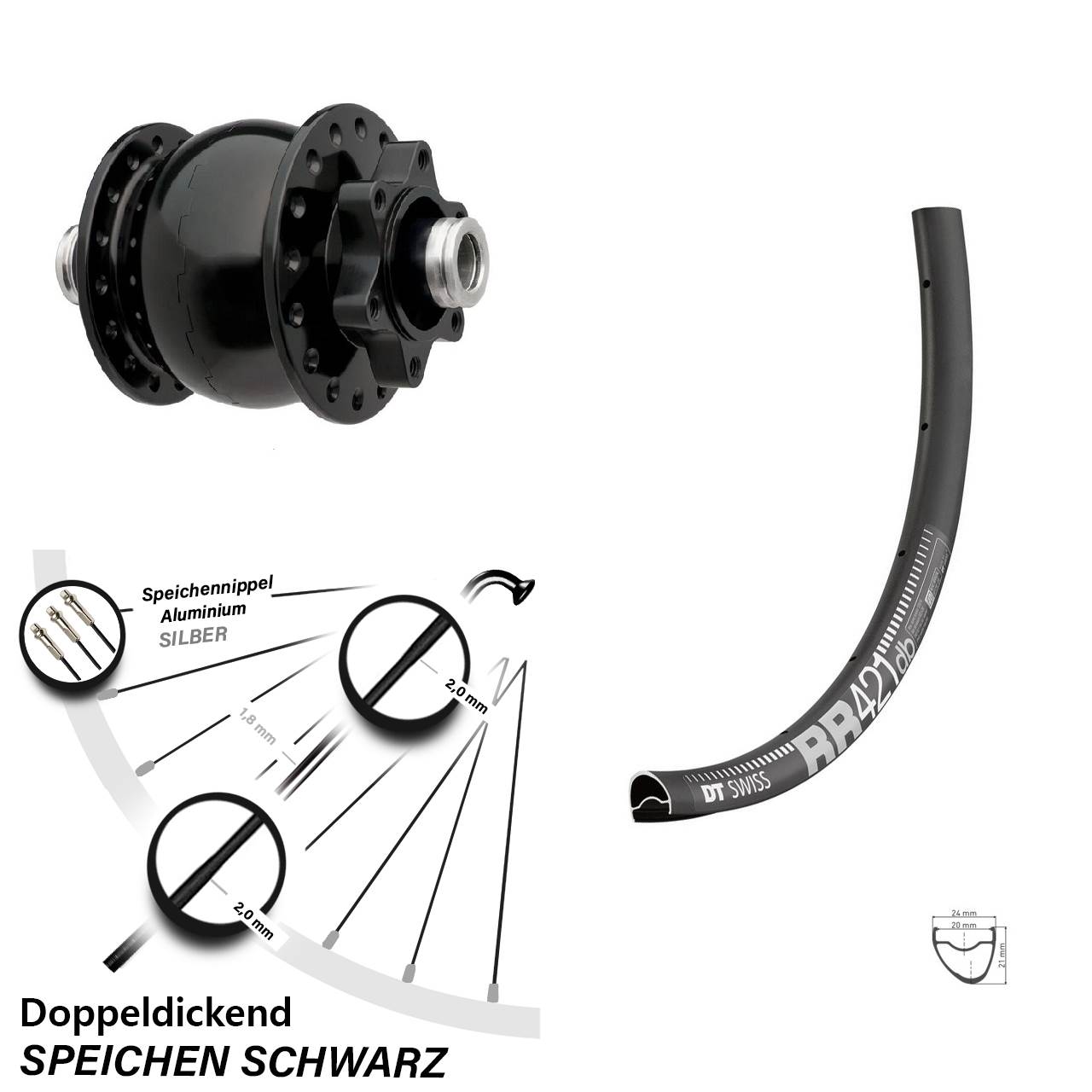 SON 28 Zoll Vorderrad Road Disc Nabendynamo 12 Steckachse 6-loch DT Swiss RR 421 DB