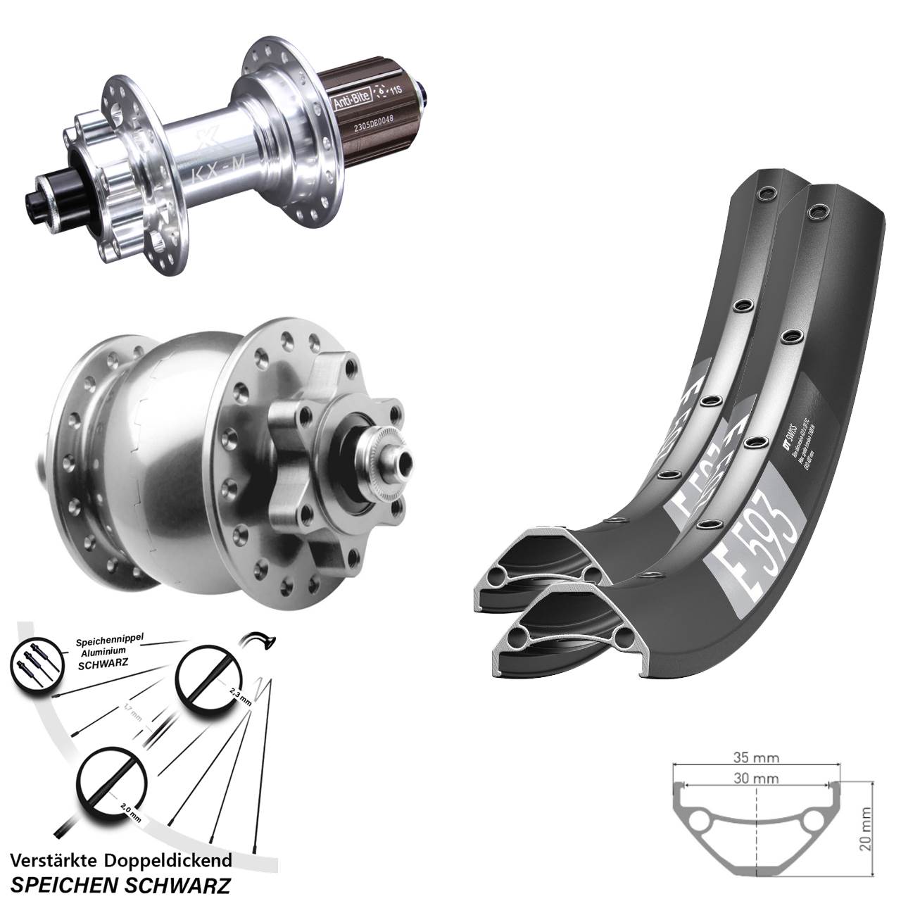 Disc Laufrad-Satz für Schnellspanner 29 Zoll DT Swiss E 593 KX-M SON 28 silbern 8-12 fach