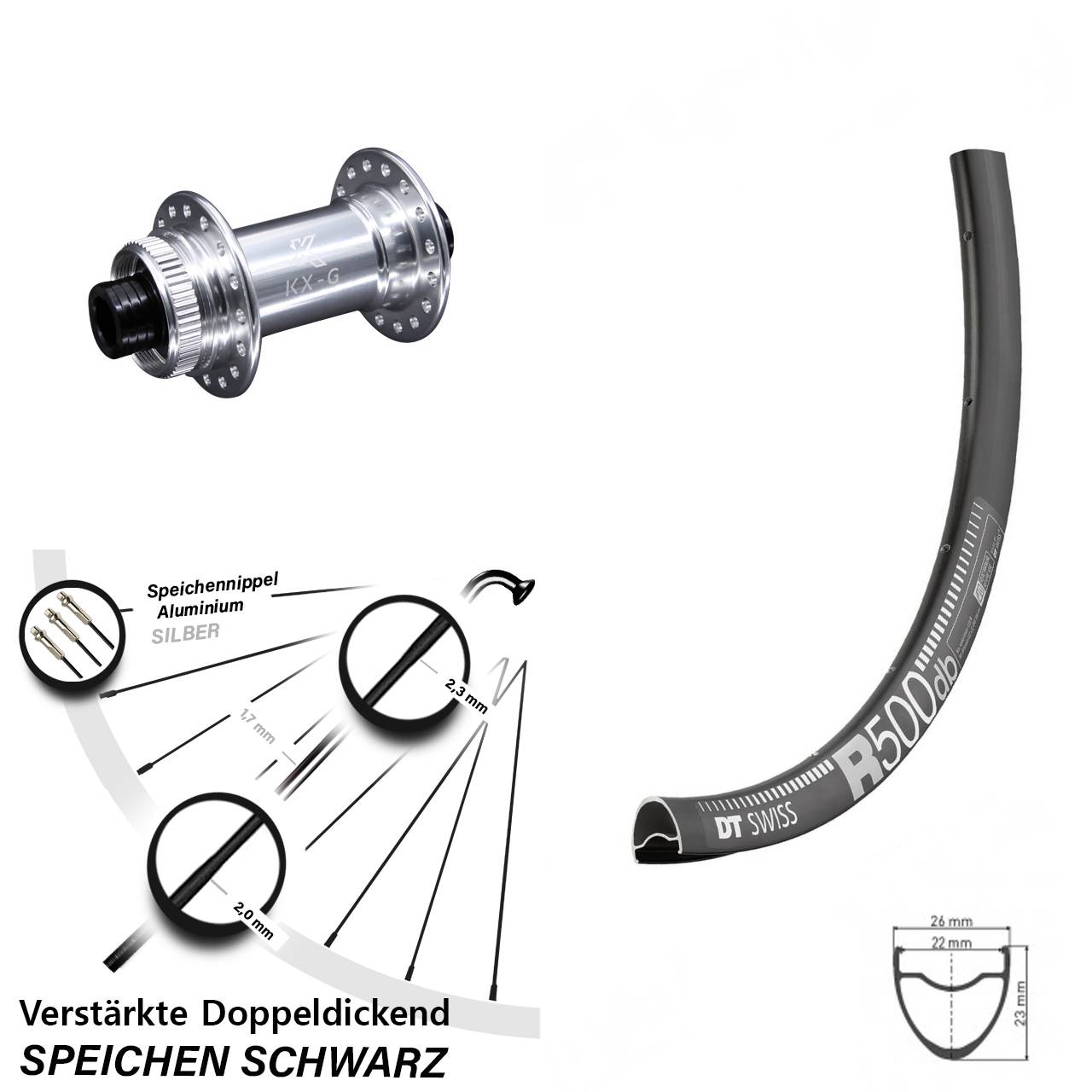 Road Disc DT Swiss R 500 Vorderrad 28 Zoll verstärkt KX-G silbern Centerlock