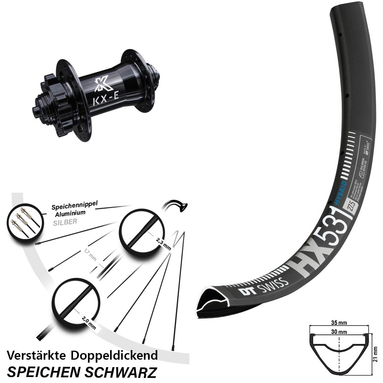 Vorderrad DT Swiss HX 531 E-Bike 29 Zoll Schnellspanner KX-E 5x100 mm 6-Loch verstärkt
