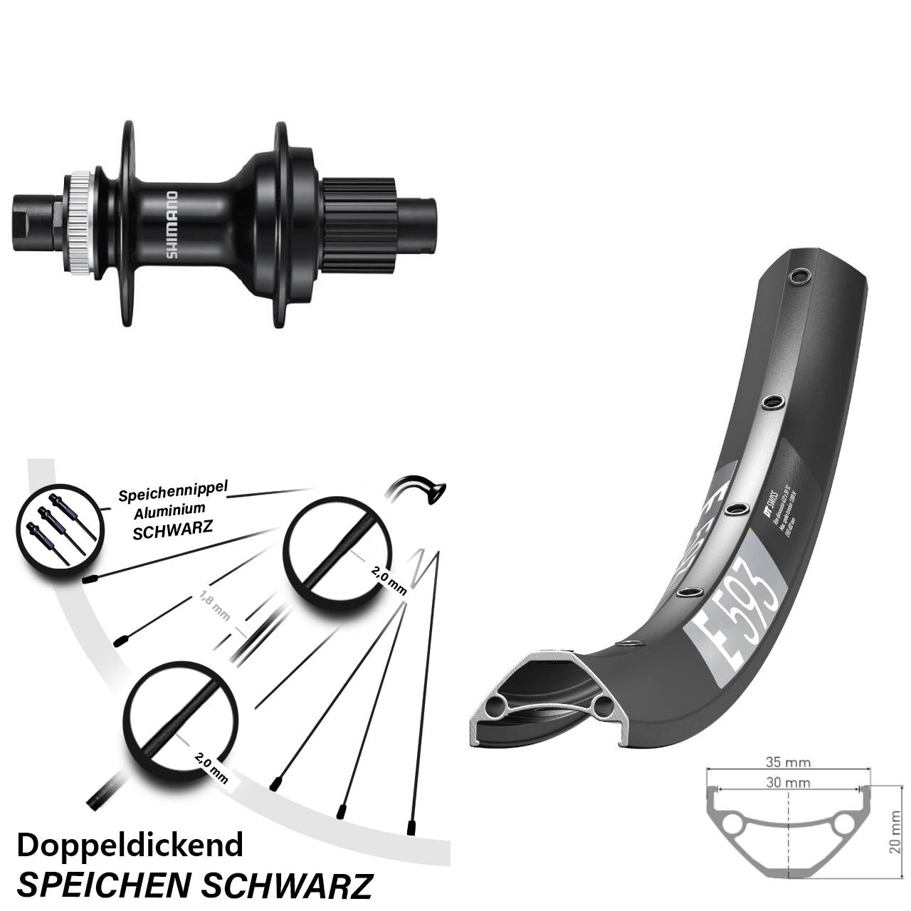 29 Zoll DT Swiss E593 Shimano FH-MT510 Disc Laufrad 12x142 Micro Spline