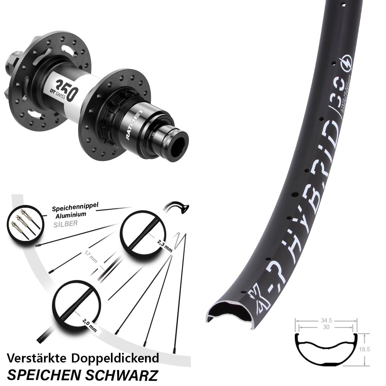 Hinterrad 6-Loch 29 Zoll KX-R Hybrid 30 DT Swiss 350 XD 12x148 Boost