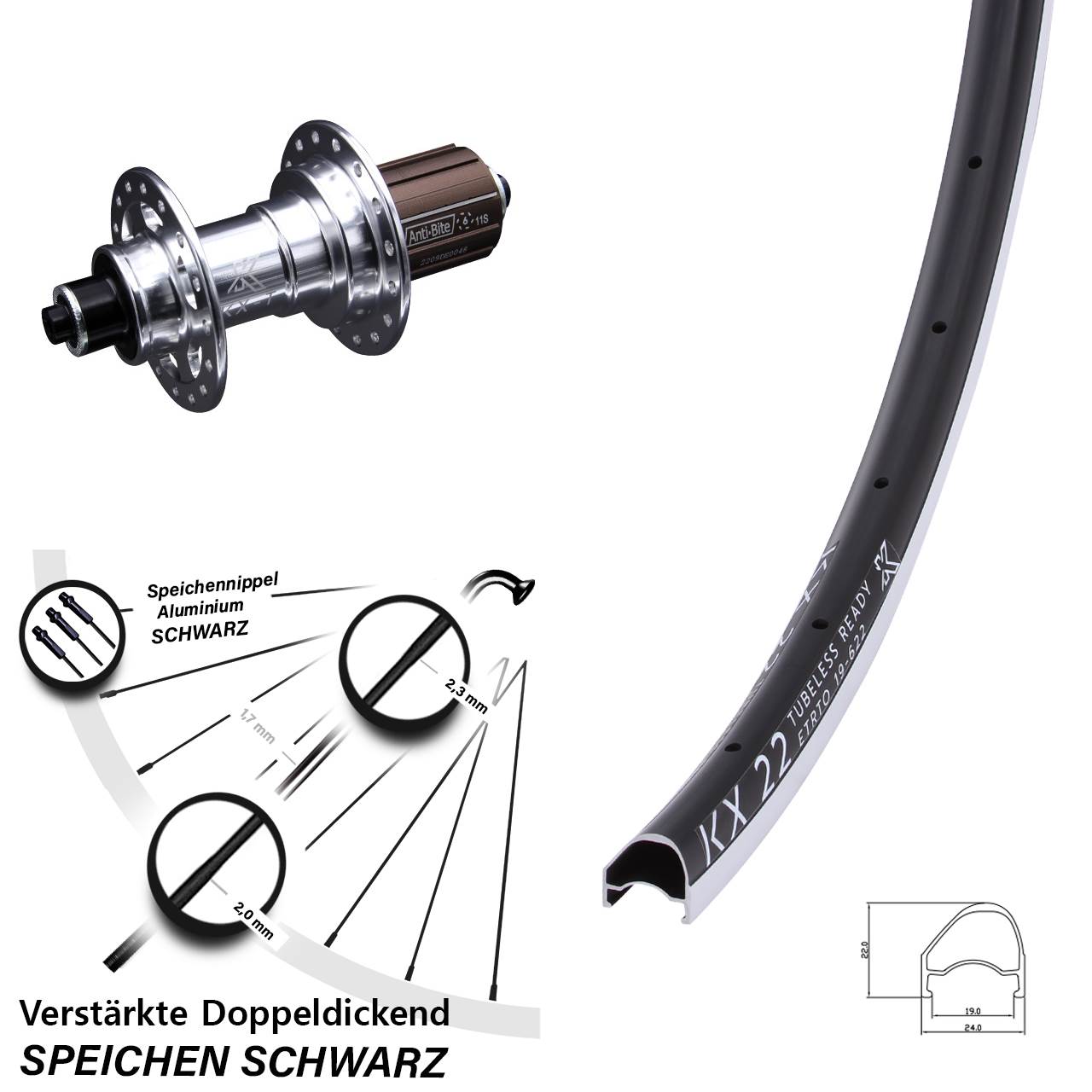 28 Zoll KX 22 OS Felgenbremse Rennrad Hinterrad 8-12 fach HG