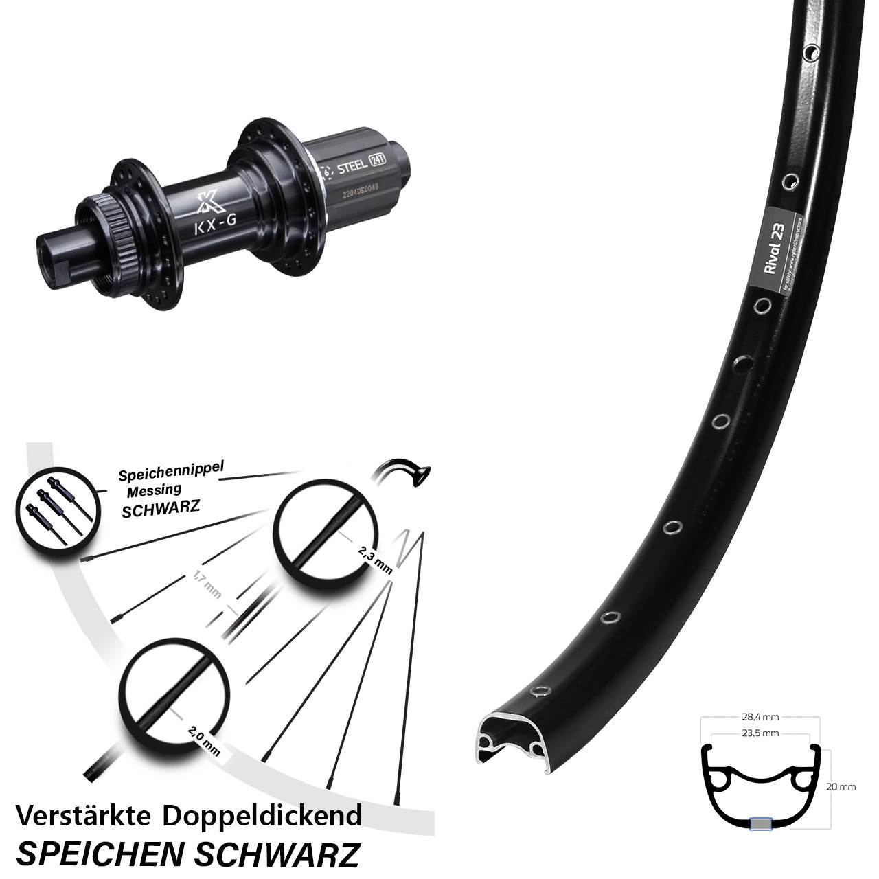 27,5 Zoll Hinterrad KX-GS 12x142 mm Centerlock HG 8-12 fach Ryde Rival 23