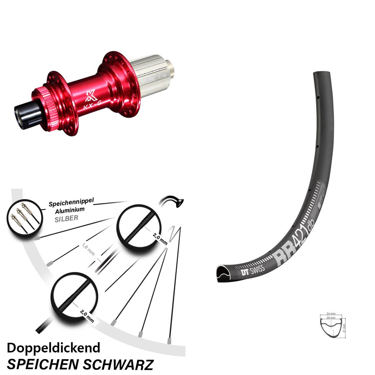 DT Swiss RR 421 DB Hinterrad 28 Zoll mit KX-G 11-fach Nabe rot-eloxiert Steckachse