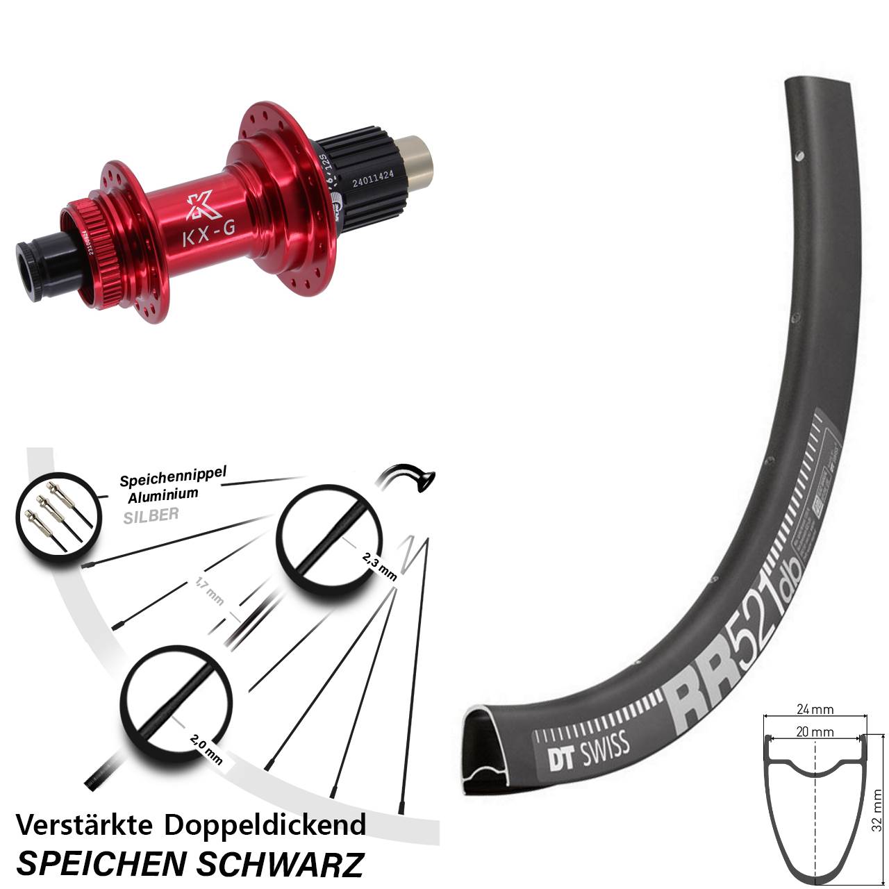 28 Zoll DT Swiss RR521 KX-G rot Disc Laufrad 12x142 Shimano Micro Spline