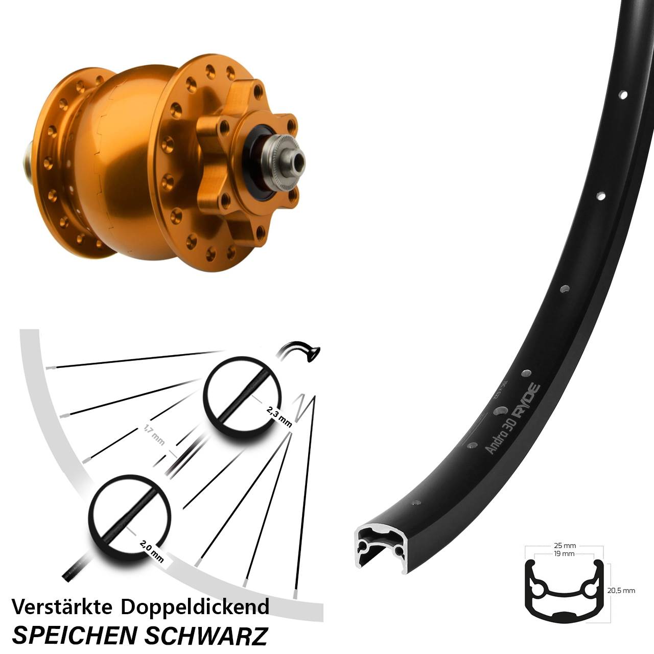 oranger SON 28 Zoll Ryde Andra 30 Disc Dynamo-Vorderrad 6-Loch QR