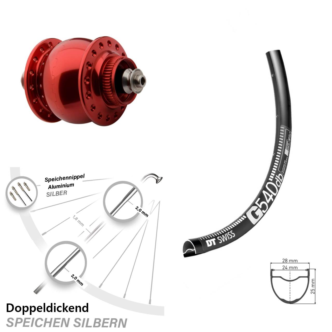 650B DT Swiss G540 SON delux rot Dynamo-Vorderrad Centerlock für Schnellspanner