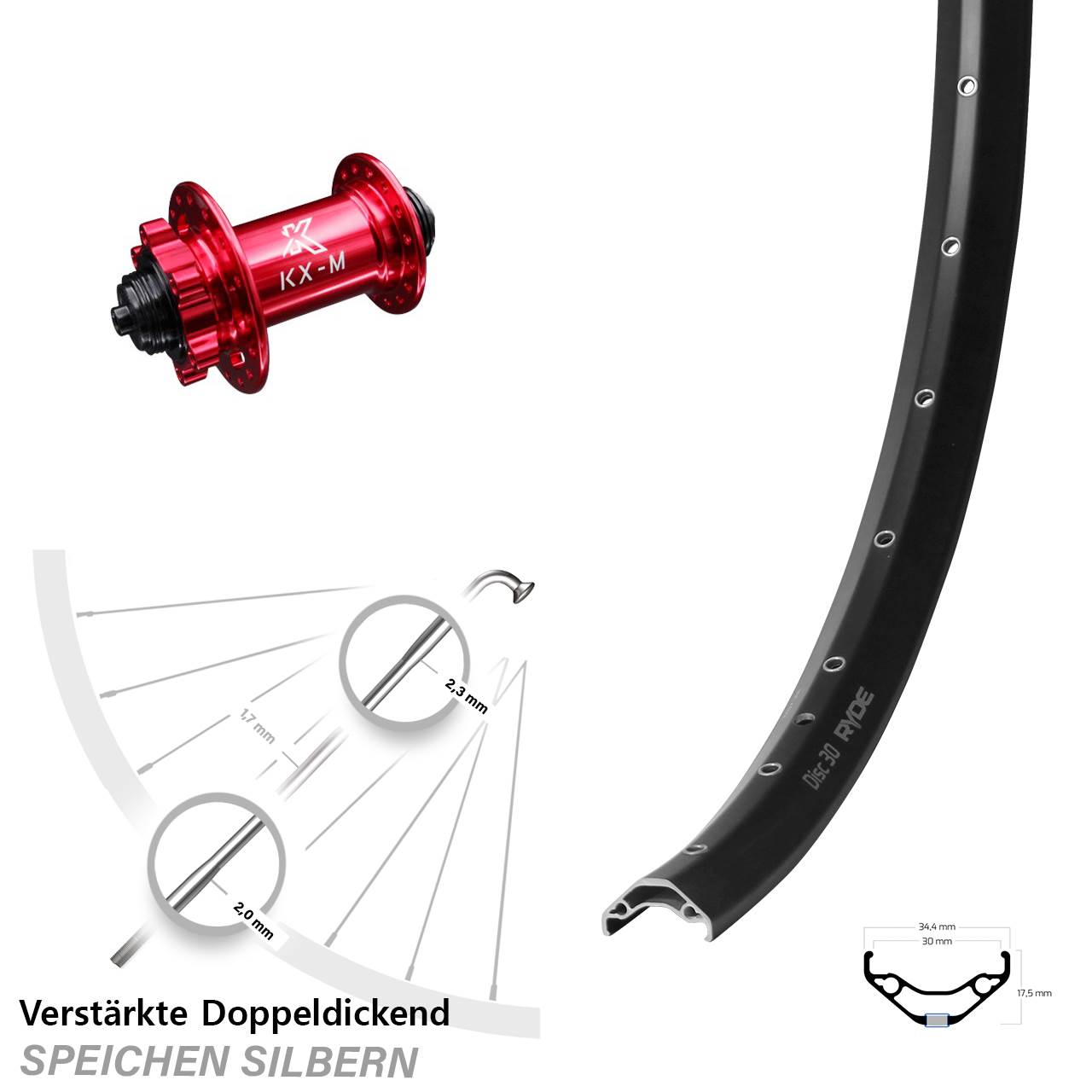 29 Zoll Ryde Disc 30 KX-M rot Vorderrad für Schnellspanner