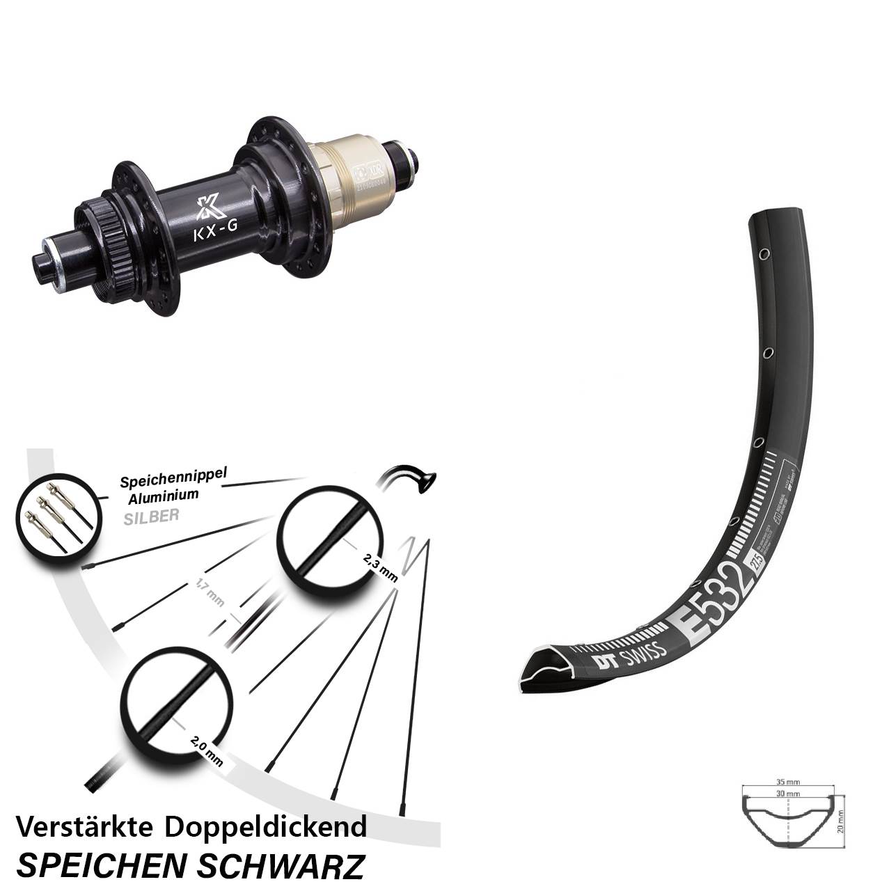 DT Swiss E532 KX-G 27,5 Zoll Disc Laufrad für Schnellspanner XDR