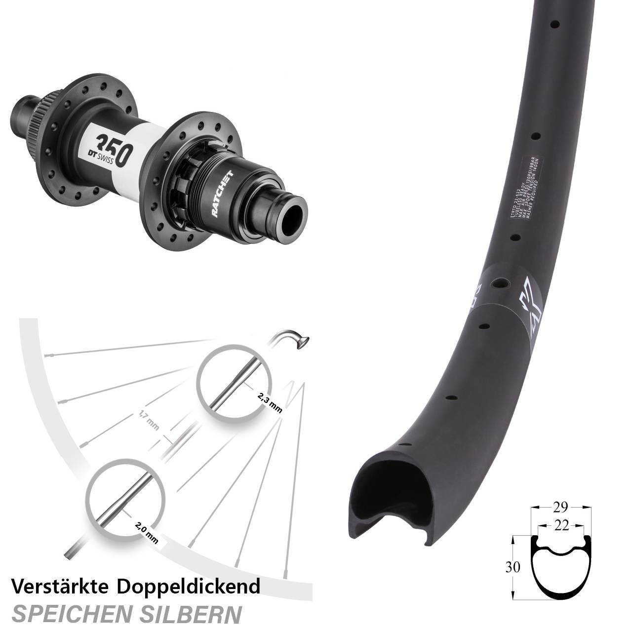 Disc Hinterrad 12x142 29 Zoll KX-RC Gravel Carbon DT Swiss 350 Ratchet 36 XDR 11-12 fach
