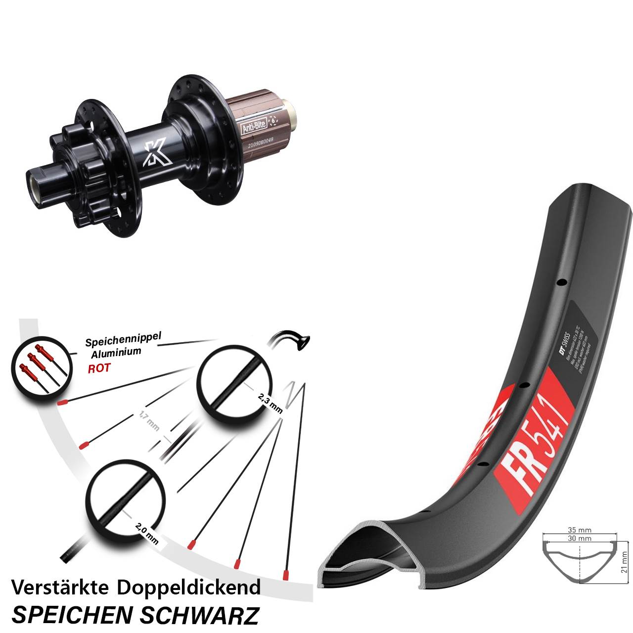 Disc Hinterrad 12x142 29 Zoll DT Swiss FR 541 KX-M Shimano Anti-Bite 8-12 fach HG