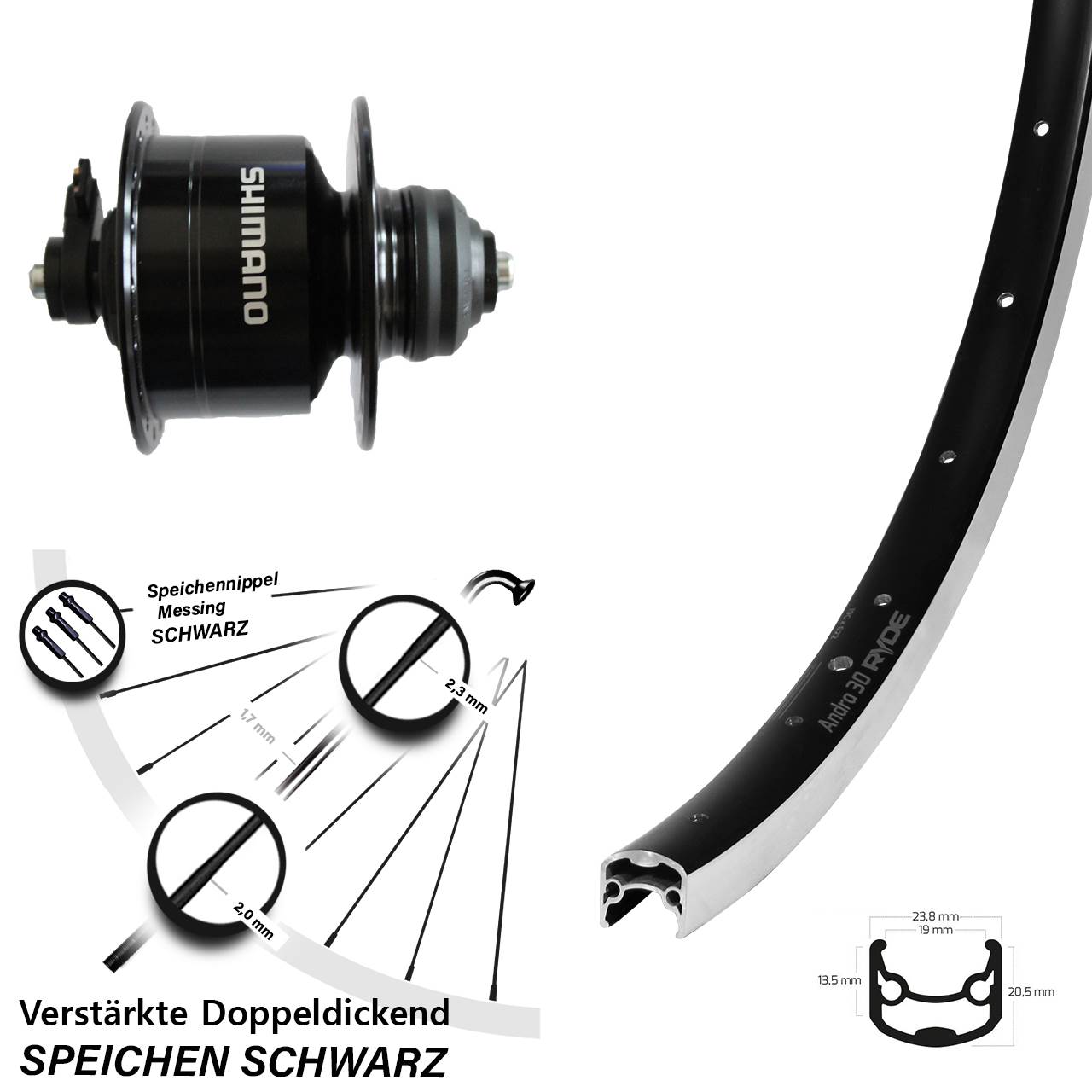 Ryde Andra 30 Shimano DH-3D72 26 Zoll Vorderrad mit Nabendynamo