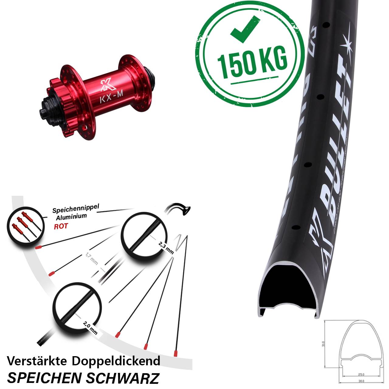 KX-M Bullet rot 28 Zoll 6-Loch Vorderrad für Schnellspanner