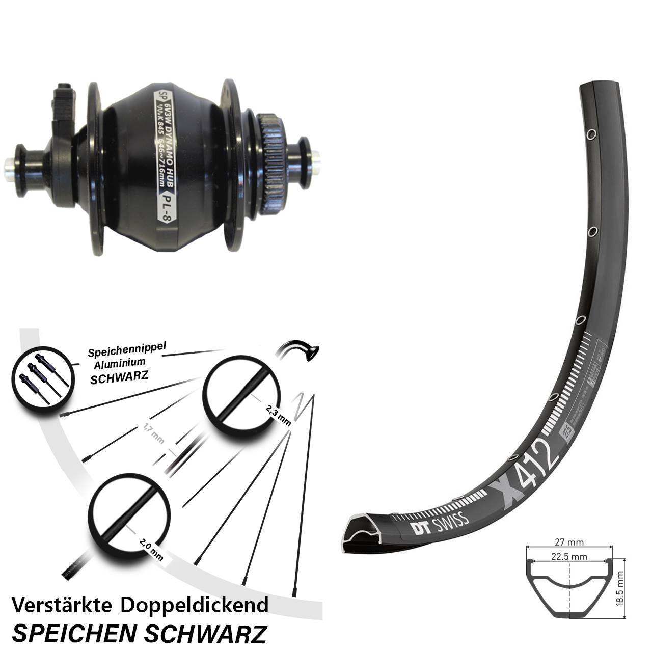 Disc 29 Zoll Vorderrad mit Nabendynamo QR DT Swiss X412 Shutter Precision PL-8
