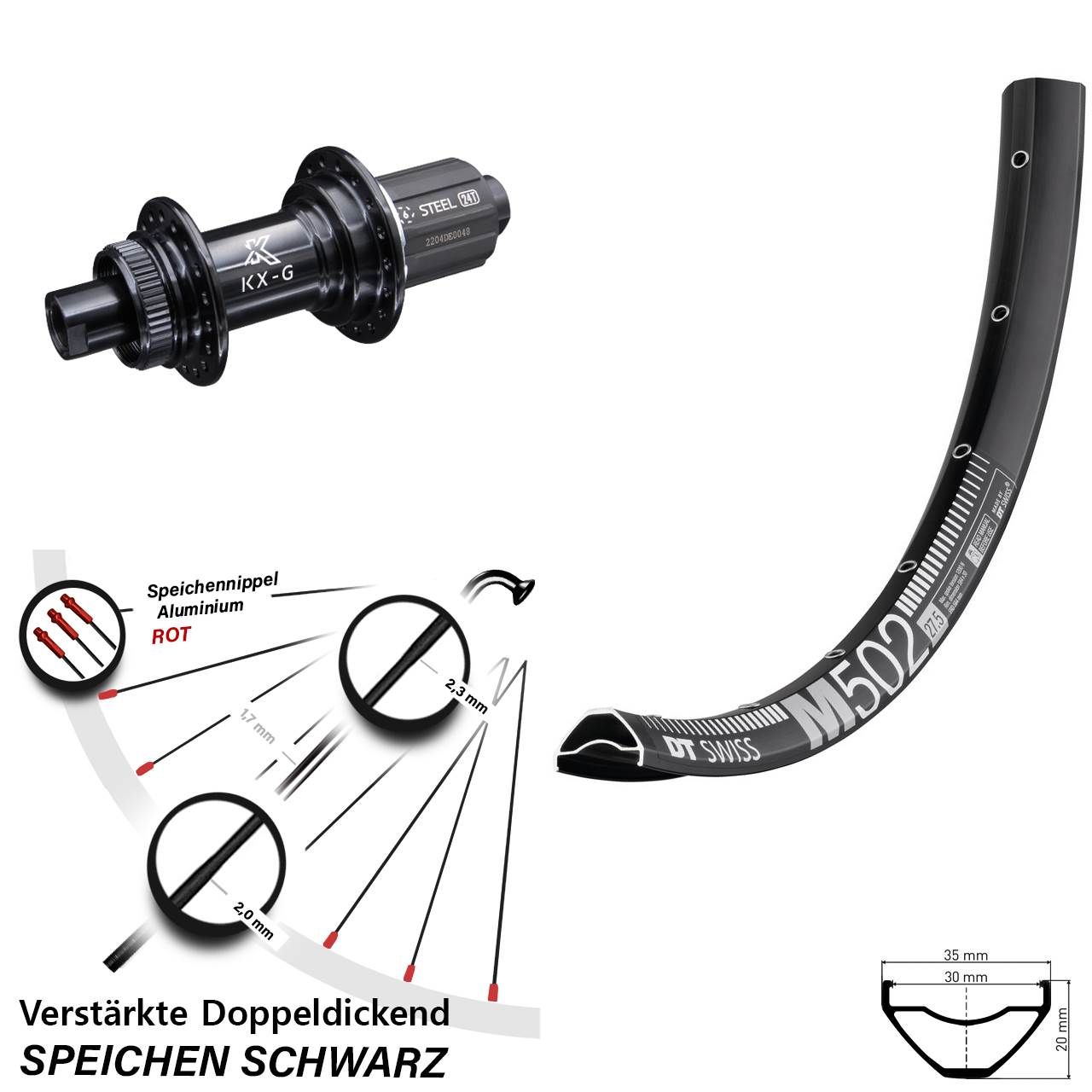 Centerlock Hinterrad 29 Zoll DT Swiss M 502 KX-GS Stahl Freilauf 8-12 fach 12x142