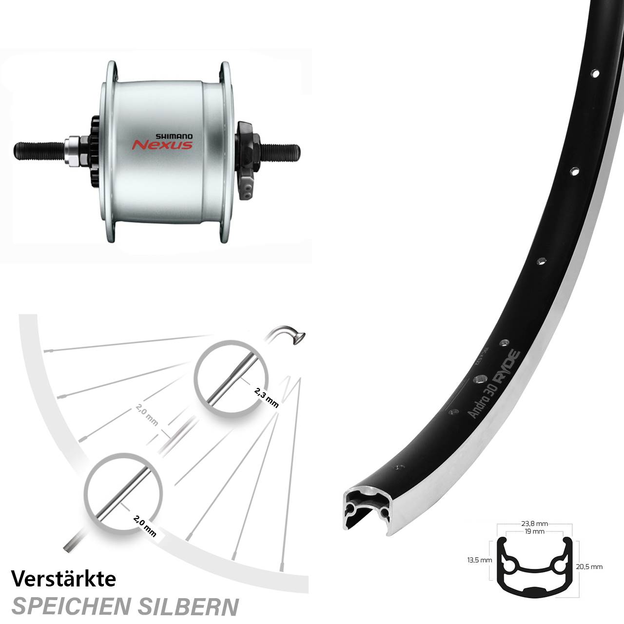 Ryde Andra 30 Shimano DH-C6000-1R 26 Zoll Vorderrad mit Nabendynamo Vollachse