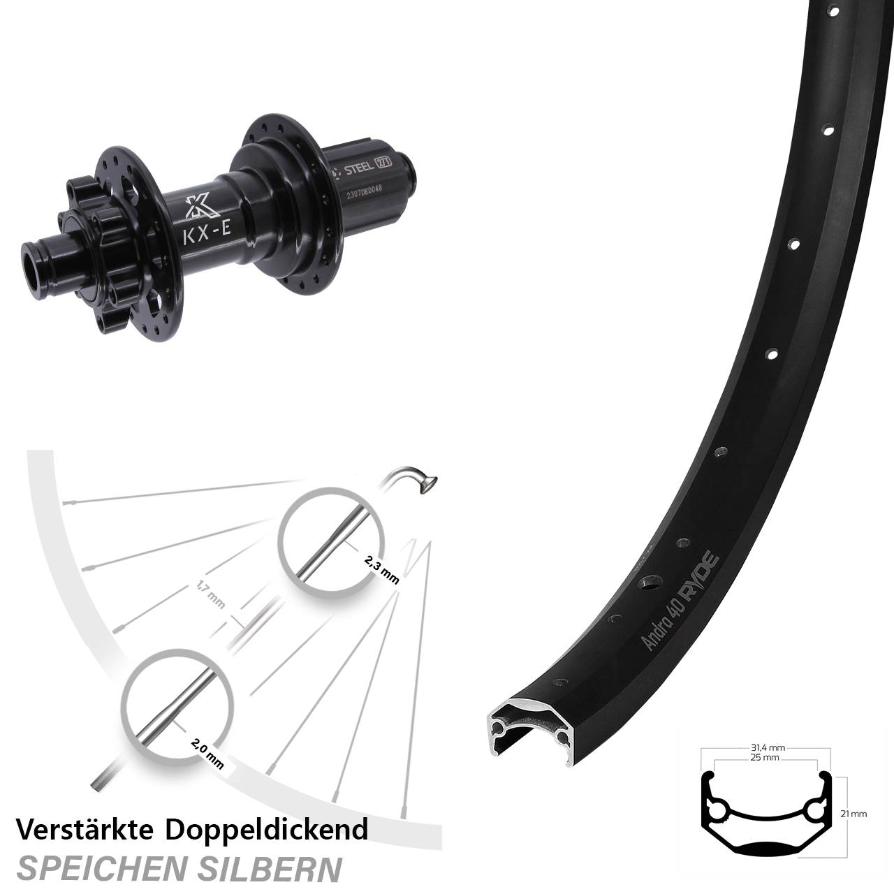 Ryde Andra 40 KX-E Heavy Duty 20 Zoll 6-Loch Hinterrad 12x148 8-12 fach