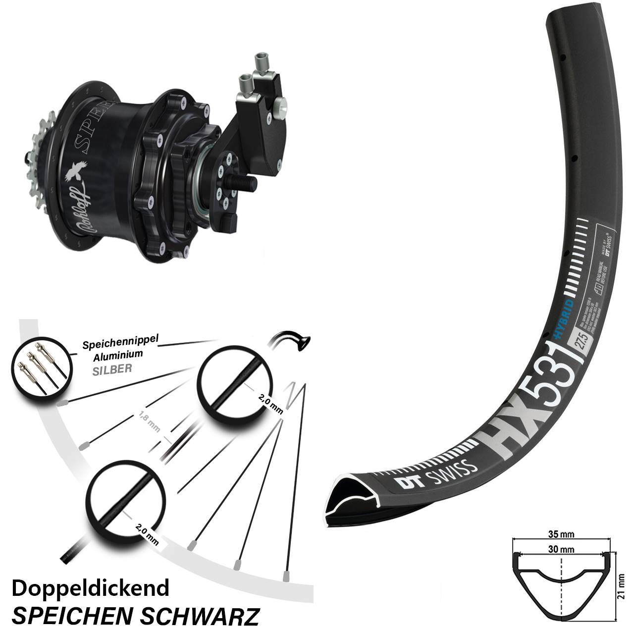 Disc Hinterrrad 29 Zoll DT Swiss HX 531 Rohloff 500/14 TS DB OEM Tandem schwarz