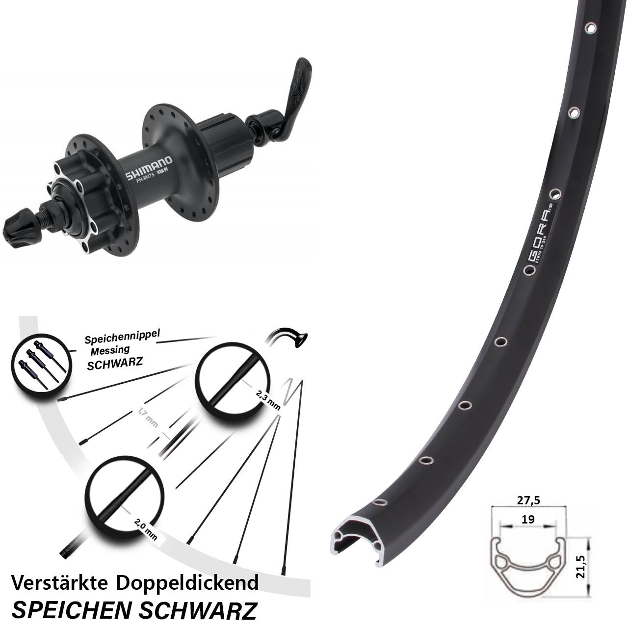 26 Zoll Gora 19 Shimano FH-M475 Disc Laufrad QR 8-11 fach HG