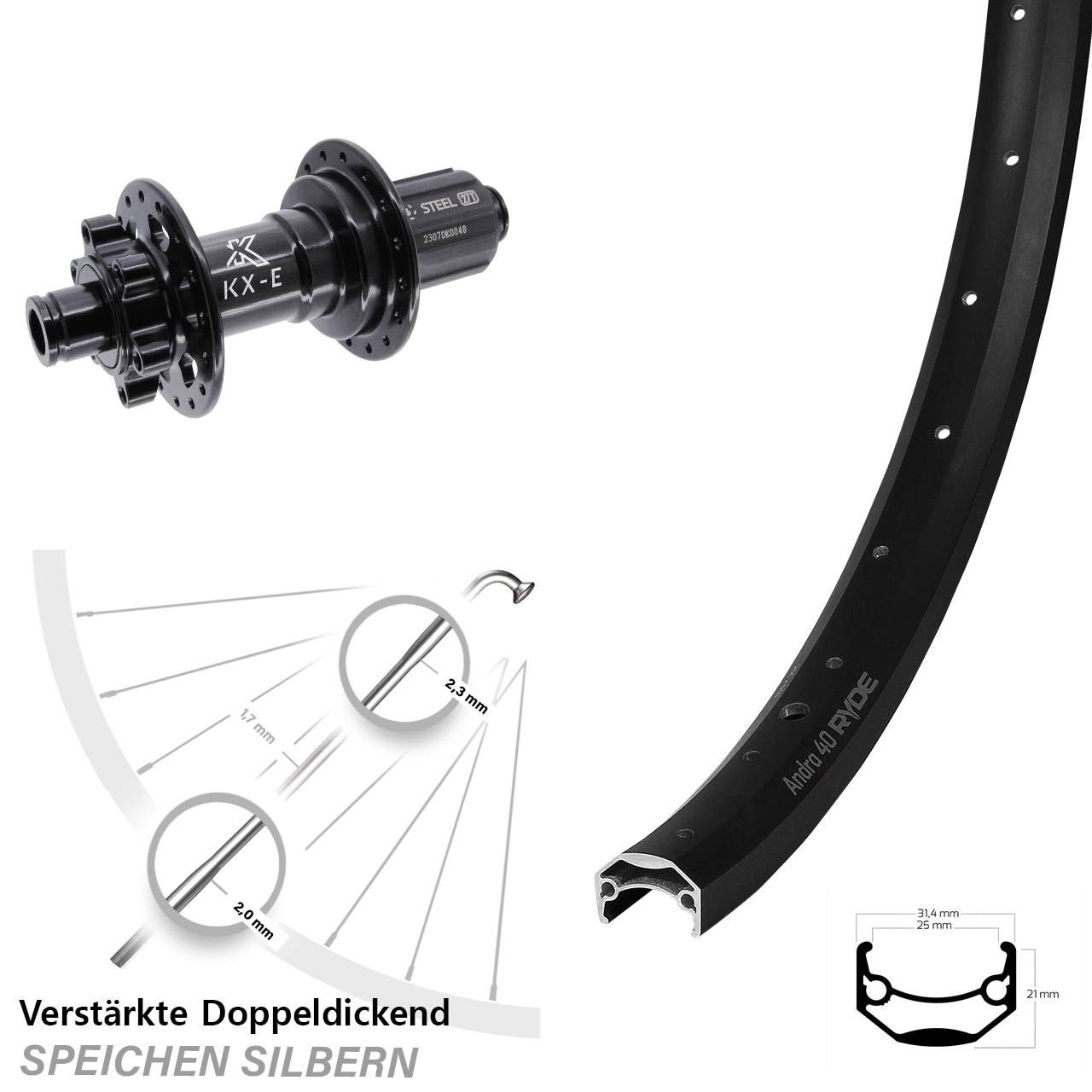 Ryde Andra 40 KX-E Stahl Freilauf 29 Zoll Disc Hinterrad 12x148 Boost 8-12 fach HG