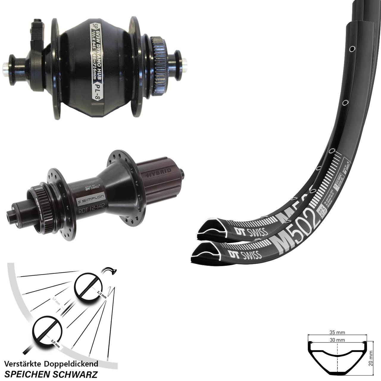 27,5 Zoll DT Swiss M502-370 Hybrid Shutter Precision PL-8 Disc Laufradsatz für Schnellspanner 8-11 fach HG