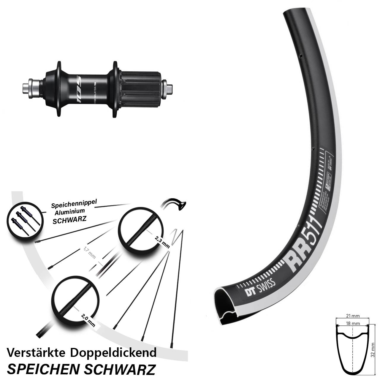 Hinterrad 28 Zoll DT Swiss RR 511 Shimano FH-R7000 8-12 fach HG QR