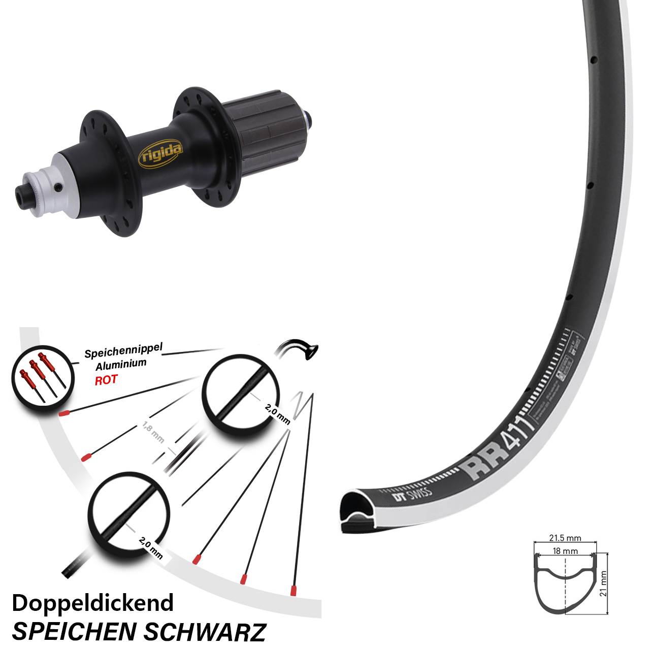 Hinterrad 28 Zoll DT Swiss RR 411 OS Rigida RWS 8-11 fach für Schnellspanner