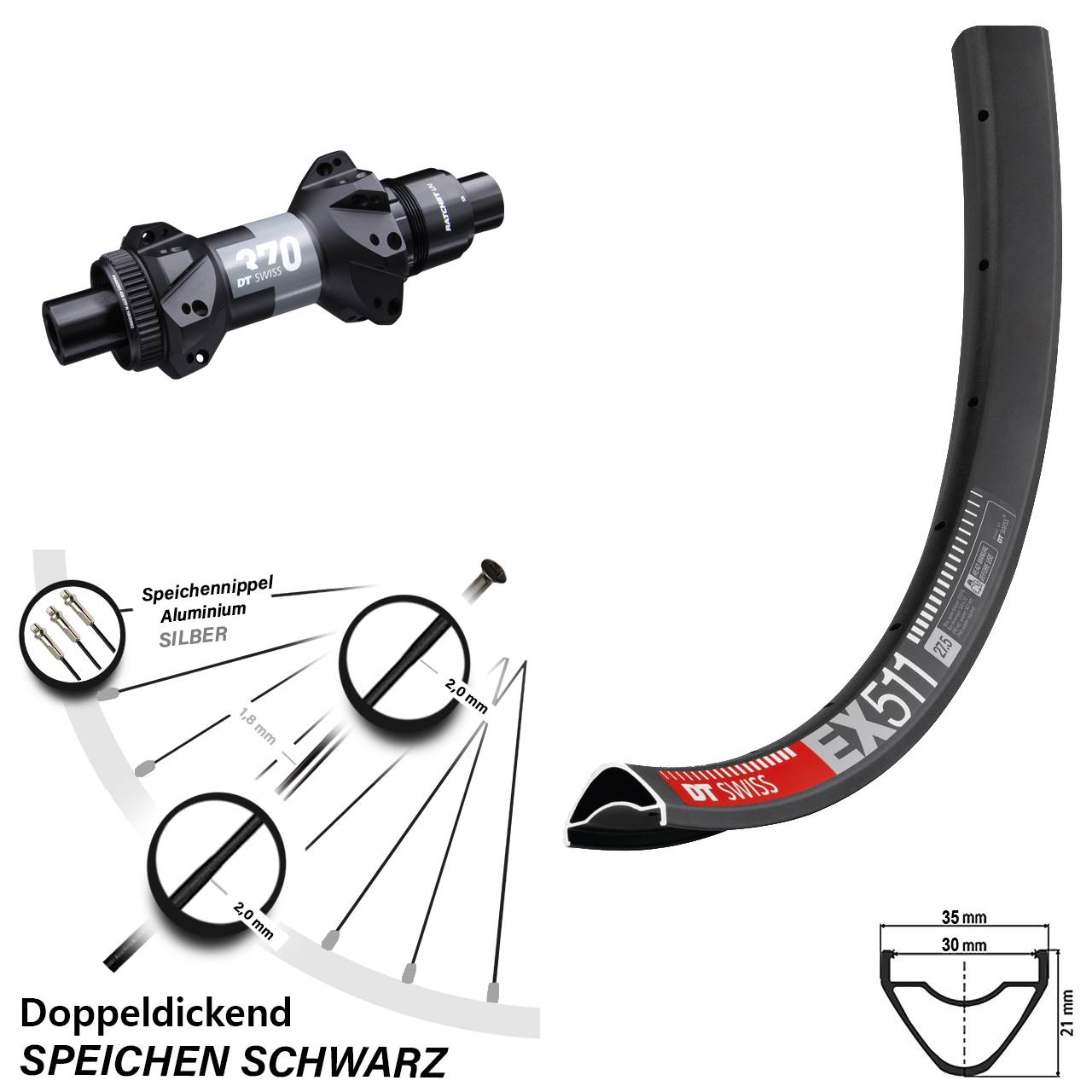 27,5 Zoll Hinteres Rad EX 511 DT Swiss 370 Boost Straightpull Sram XD 12x148 mm