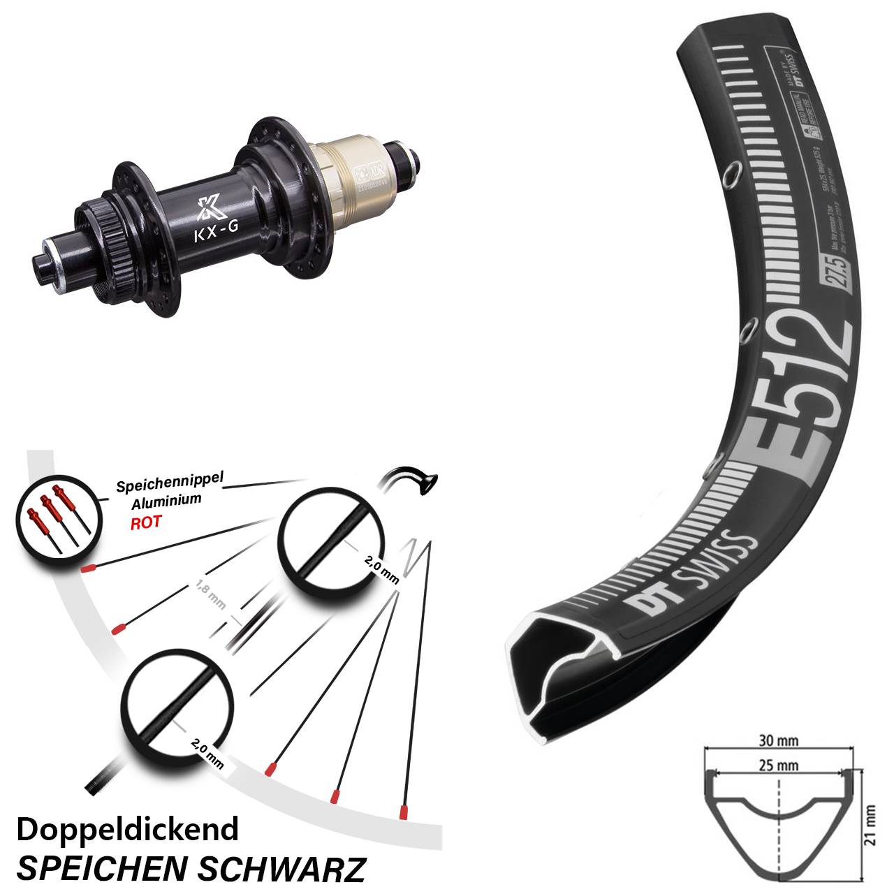 27,5 Zoll DT Swiss E512 KX-G XD-R Hinterrad Centerlock für Schnellspanner
