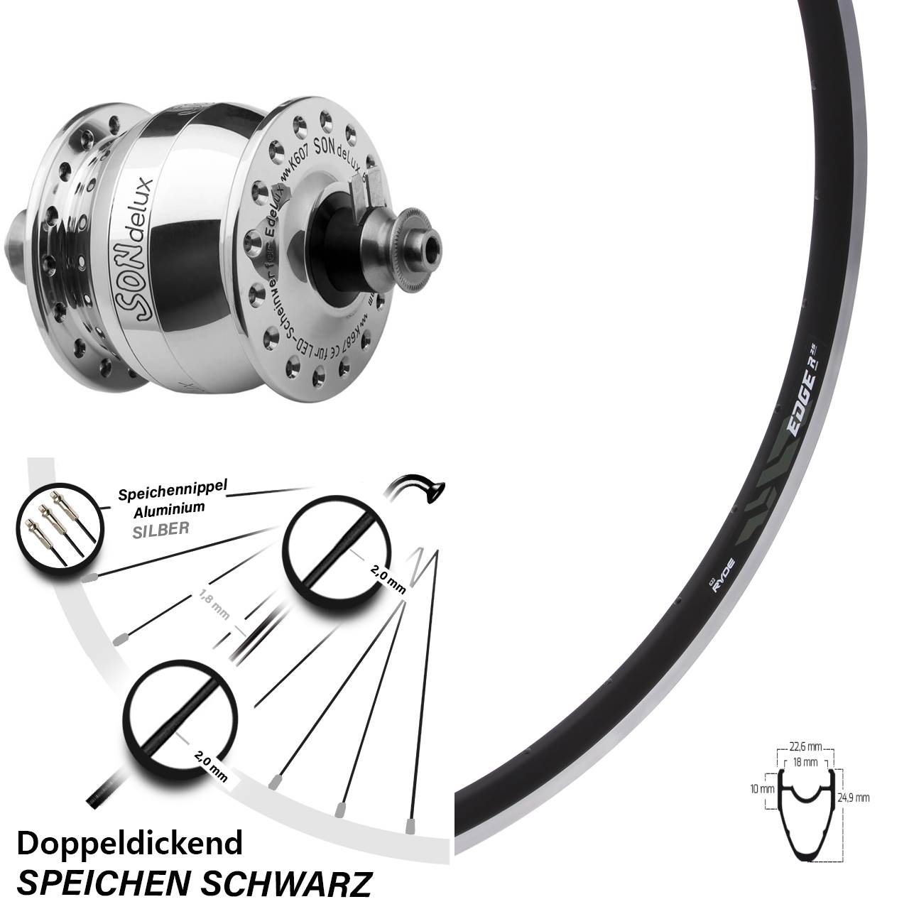 Vorderrad 28 Zoll Ryde Edge R25 Rennrad Felgenbremse Dynamo SON delux silbern poliert