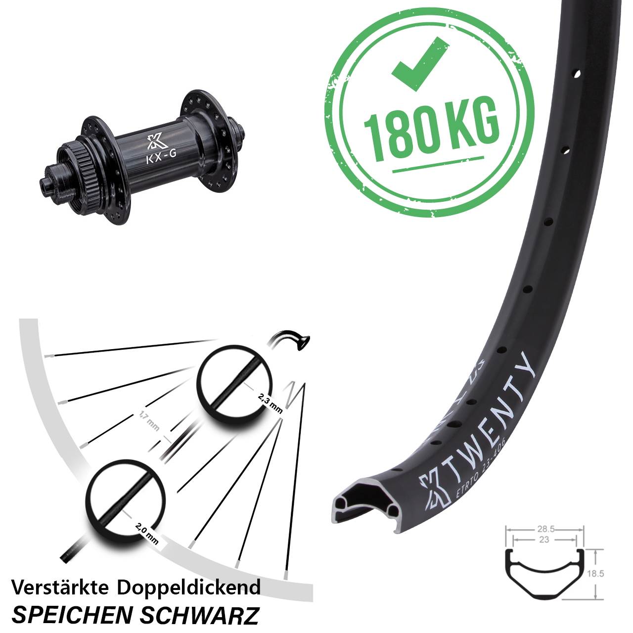 Vorderrad 20 Zoll leicht Schnellspanner KX-G Twenty Centerlock verstärkt 5x100 mm