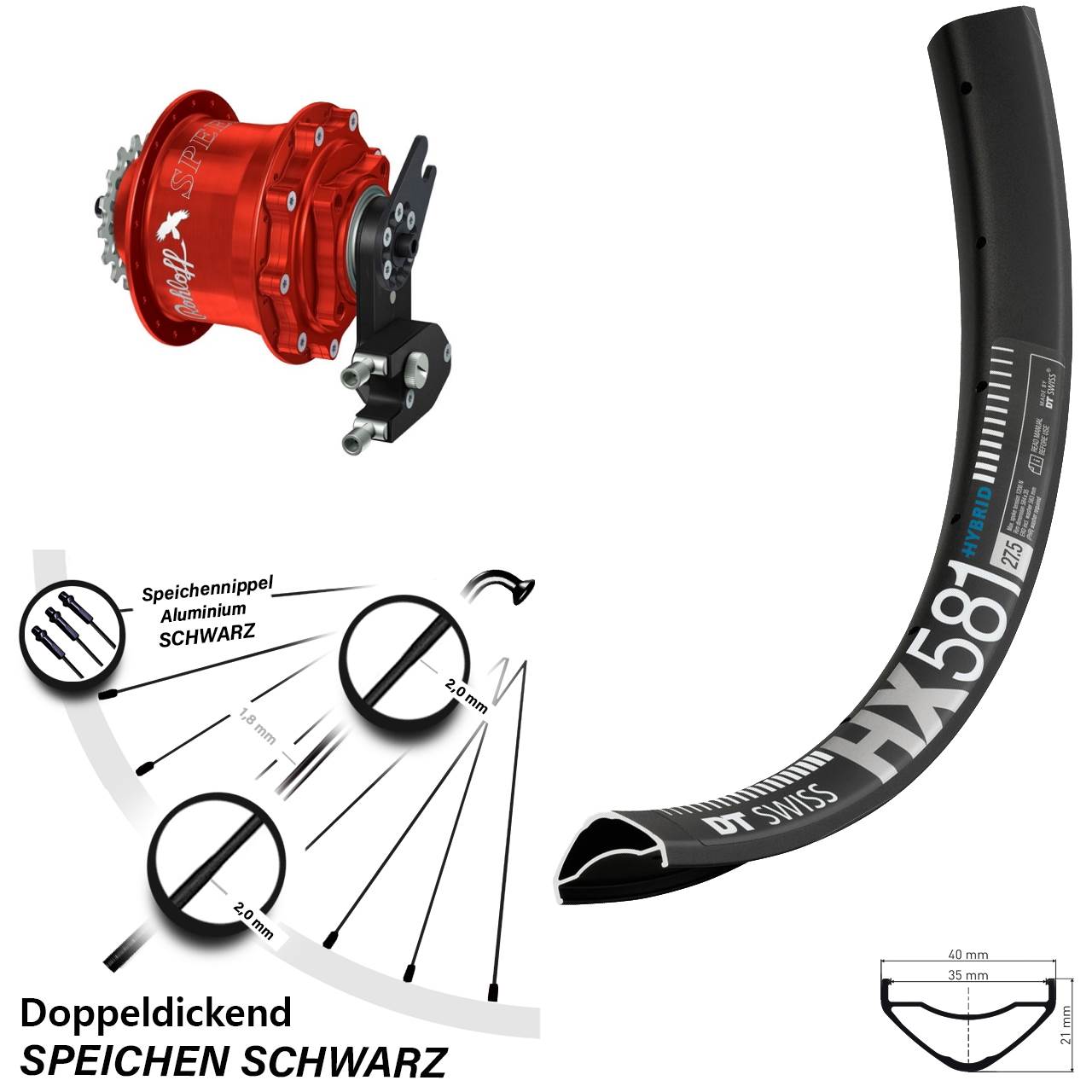 Disc Hinterrrad 27,5 Zoll DT Swiss HX 581 Rohloff 500/14 CC DB OEM2 Tandem rot