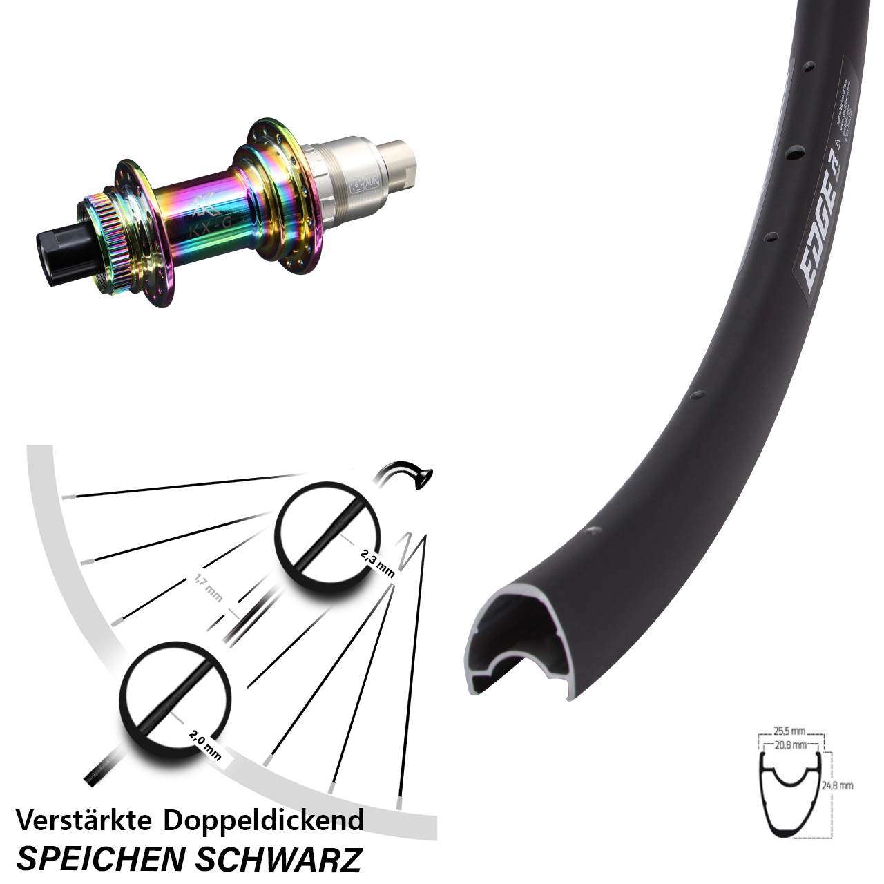 28 Zoll Ryde Edge R25 Offset KX-G Oilslick Centerlock Hinterrad 12x142 XDR 11-12 fach